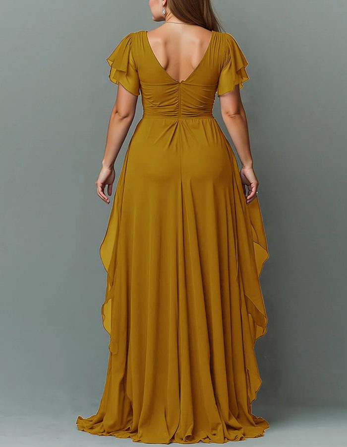 Women's long tiered ruffle dress with V-neck, a beautiful formal maxi gown for wedding guests.