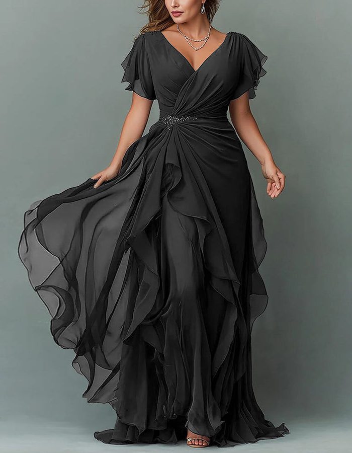 Elegant women's V-neck maxi dress with tiered ruffles, suitable for wedding guests & formal events.