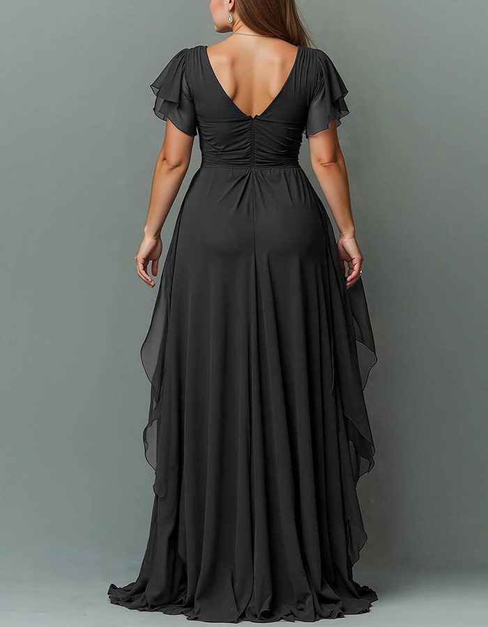 Wedding guest formal maxi dress for women, featuring a flattering V-neck & tiered ruffles.