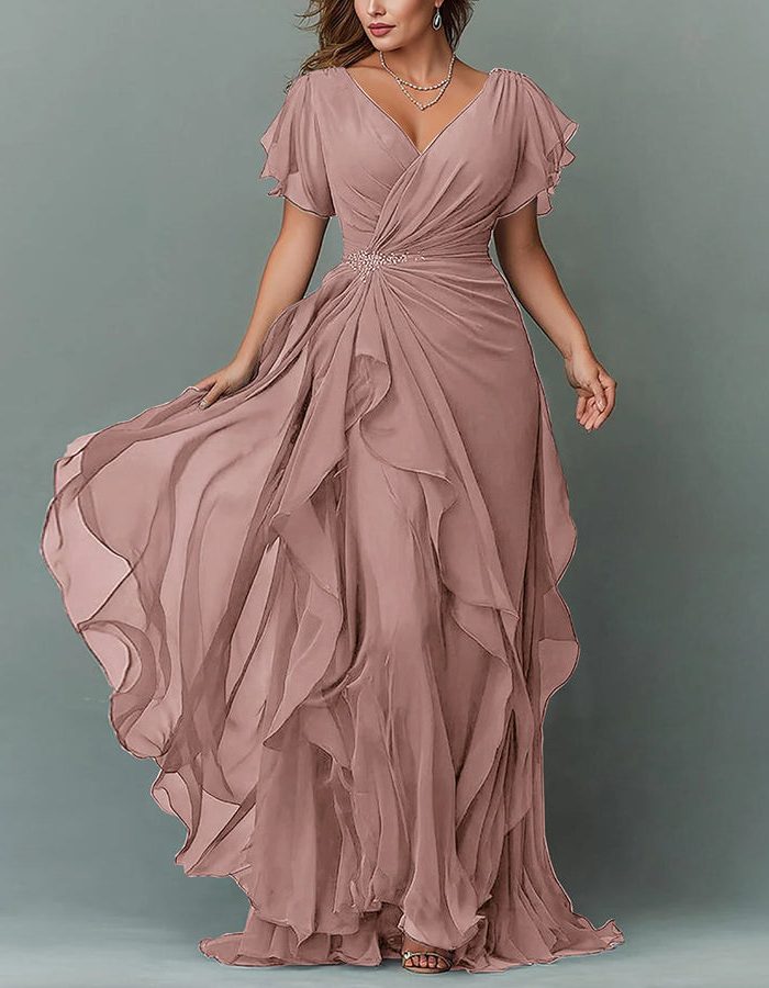 Stylish women's V-neck long dress with tiered ruffles. A chic maxi for wedding guests.