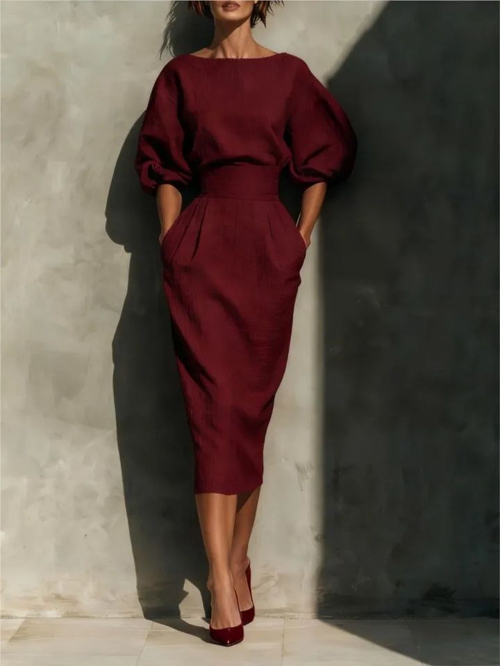 Sophisticated women's midi dress with puff sleeves & belt, ideal for wedding guests, parties, and formal events.