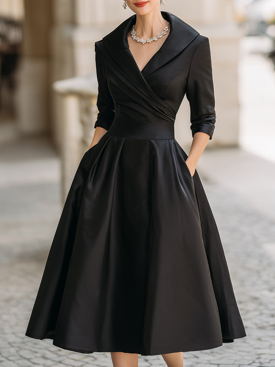 Elegant women's wedding guest midi dress with draped collar, three-quarter sleeves & flared skirt for special occasions.