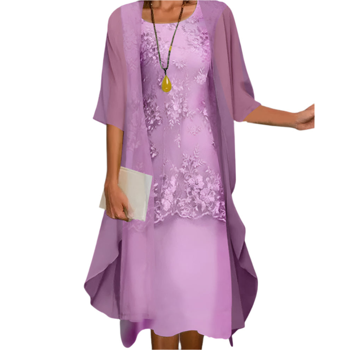 Stylish women's formal midi gown with sheer flowing sleeves, ideal evening wear for wedding guests & parties.