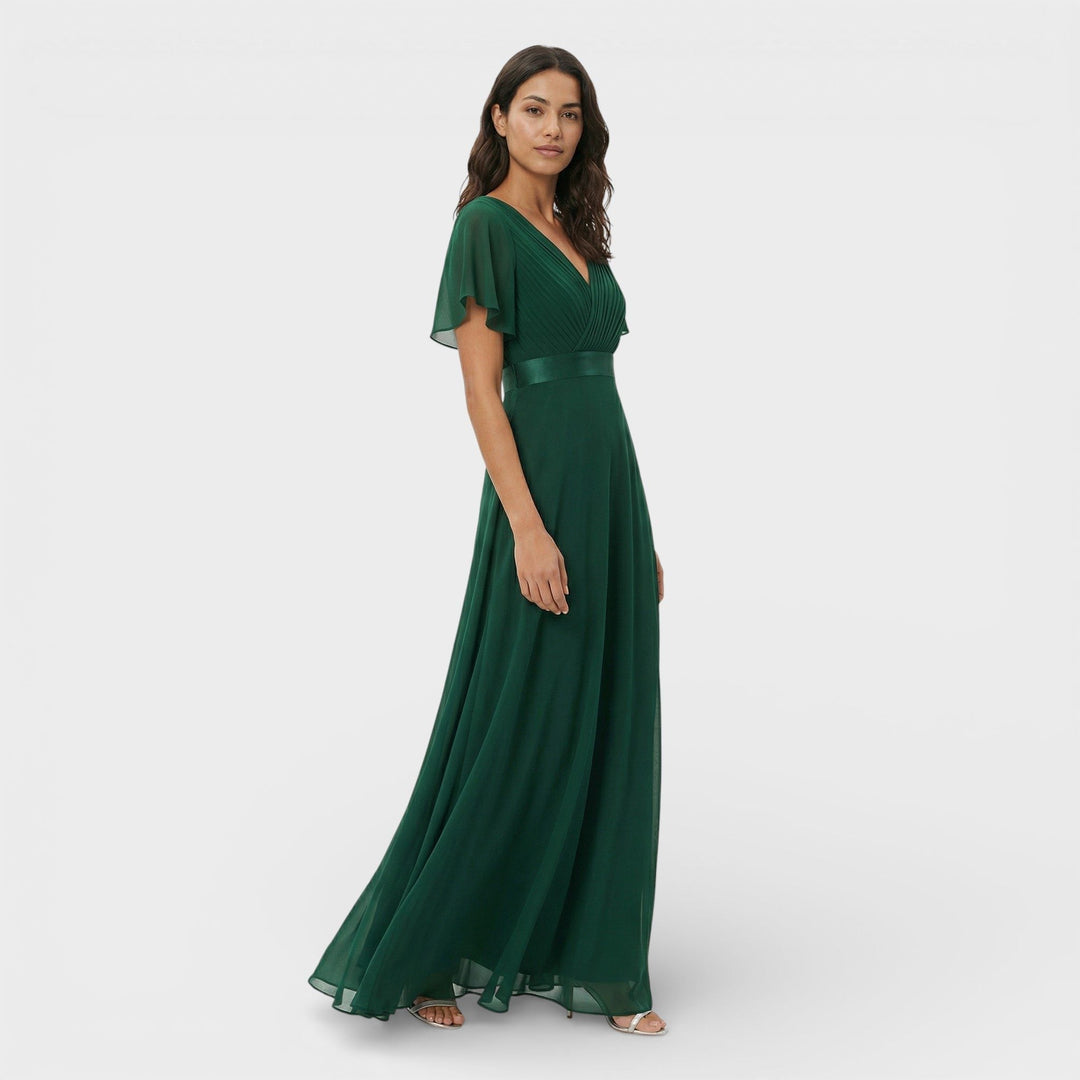 Elegant women's wedding guest pleated maxi dress with V-neck, perfect for formal occasions.