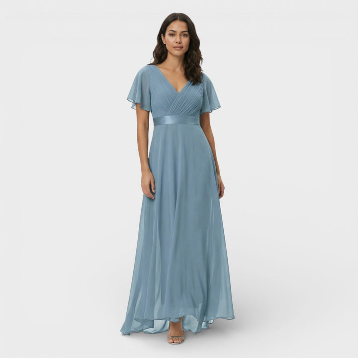 Elegant women's flutter sleeve V-neck maxi dress, fully pleated for a wedding guest or formal party.