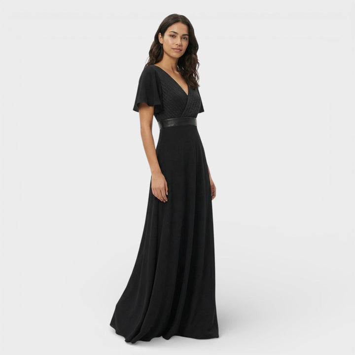 Sophisticated grey women's V-neck pleated maxi dress, perfect as a long formal evening gown.
