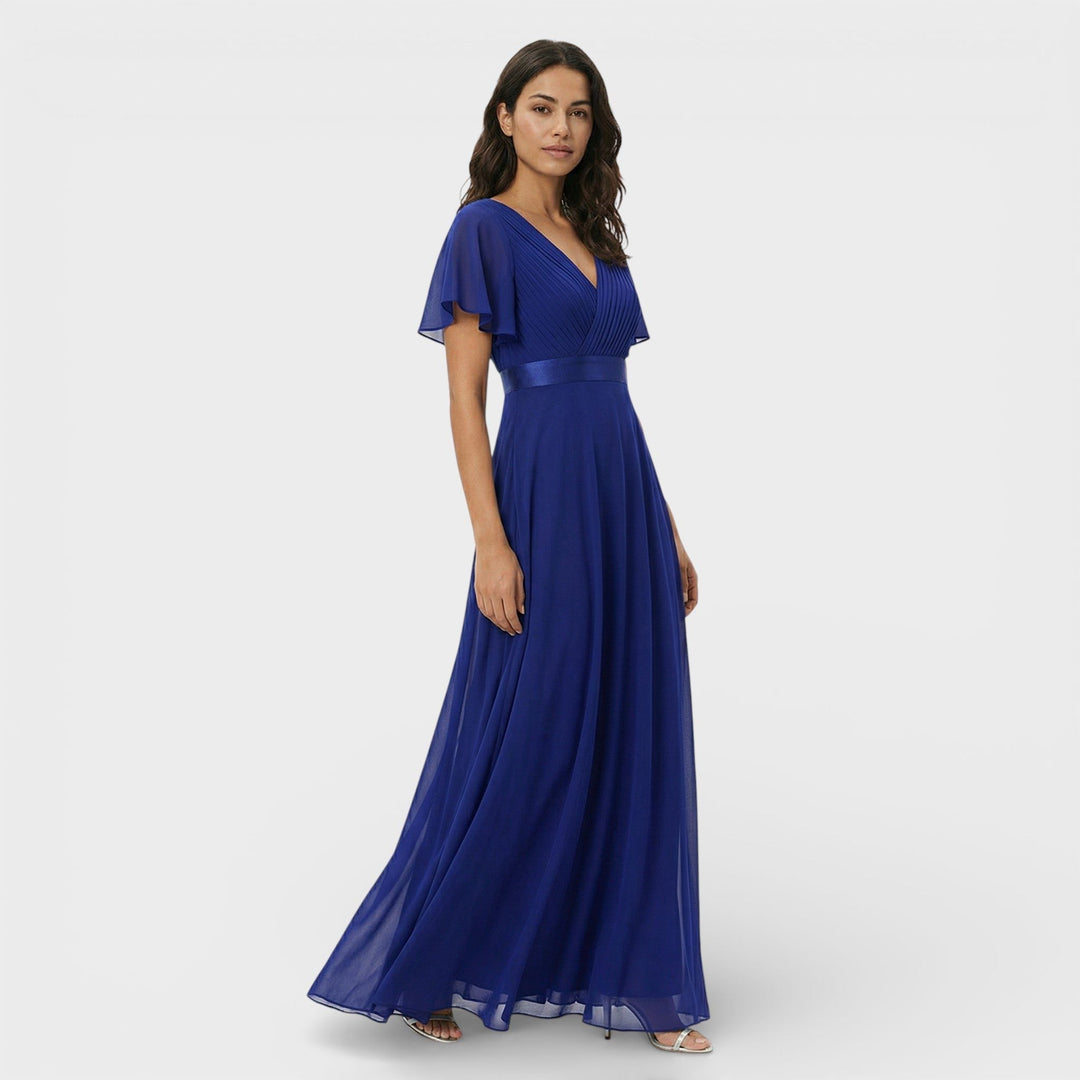 Long formal women's party dress, a V-neck pleated maxi with stylish flutter sleeves.