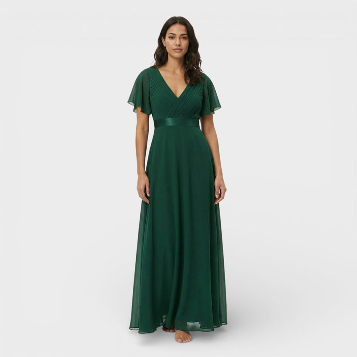 Sophisticated long pleated maxi dress for women, featuring a flattering V-neck and flutter sleeves.