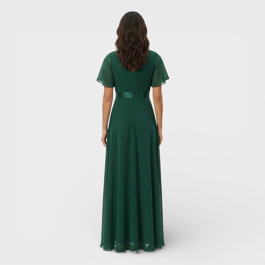 Flowy red women's wedding guest V-neck pleated maxi dress with elegant flutter sleeves.