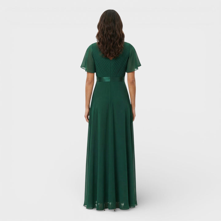 Flowy red women's wedding guest V-neck pleated maxi dress with elegant flutter sleeves.