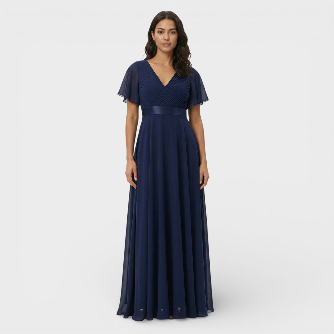 Beautiful blue women's formal party dress, long pleated maxi with a flattering V-neckline.
