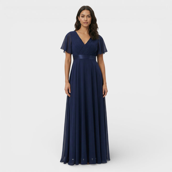 Beautiful blue women's formal party dress, long pleated maxi with a flattering V-neckline.