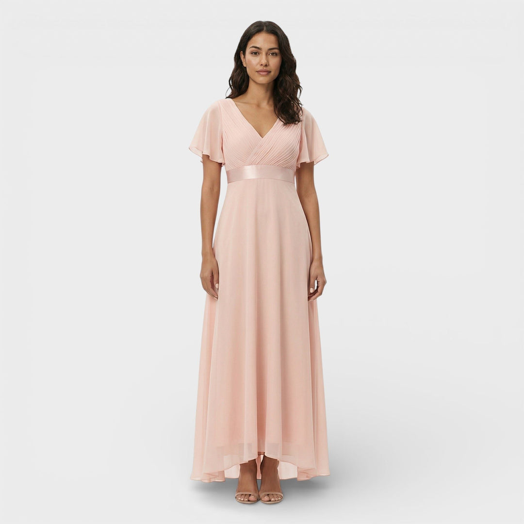 Stunning women's V-neck pleated maxi dress, elegant long formal gown for special events.