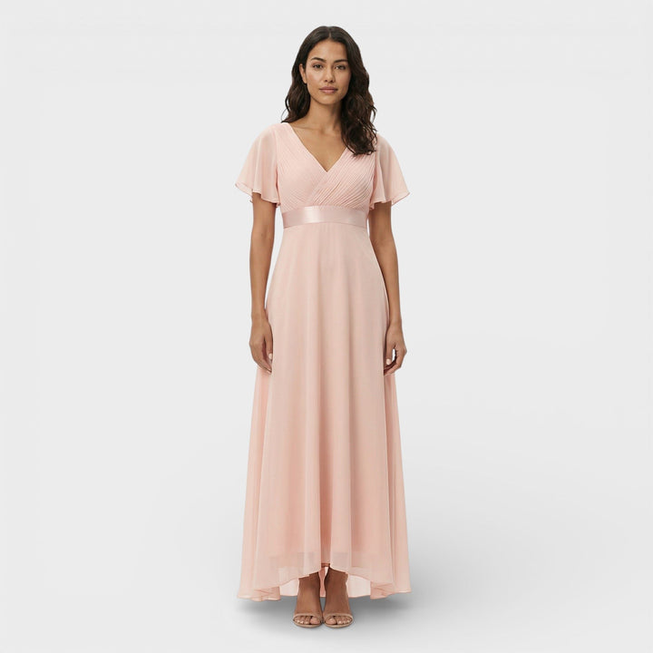 Stunning women's V-neck pleated maxi dress, elegant long formal gown for special events.