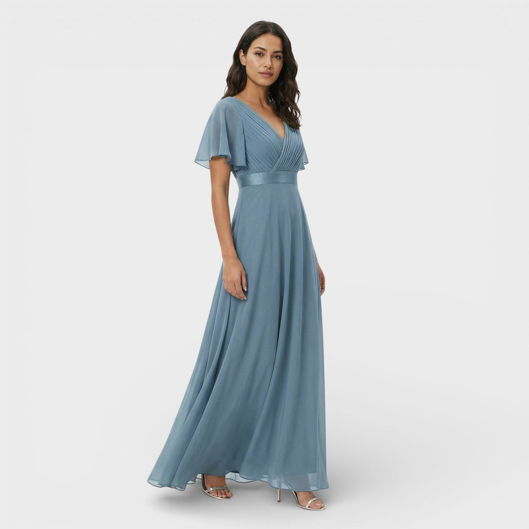Purple women's evening pleated maxi dress with V-neck, designed for a sophisticated look.
