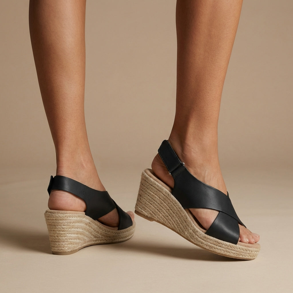 Comfortable women's platform wedge sandals with chic braided espadrille sole for elegant casual summer style.