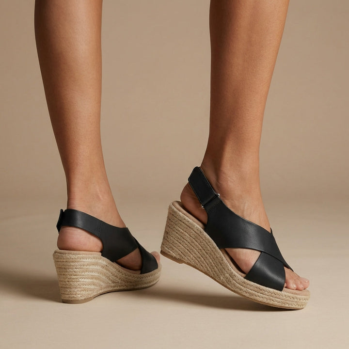 Comfortable women's platform wedge sandals with chic braided espadrille sole for elegant casual summer style.