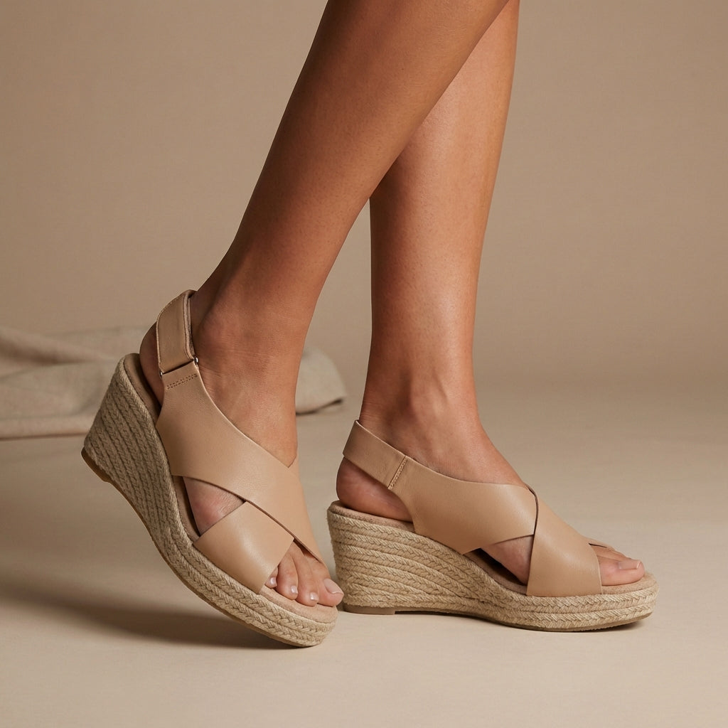 Stylish women's open-toe wedge sandals featuring a braided espadrille sole and secure ankle strap for resort fashion.