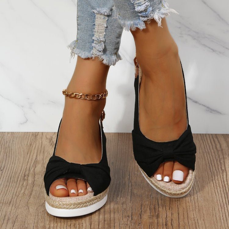 Elegant women's wedge sandals with chic knot detail, open toe, & slingback. Comfortable summer footwear for women.