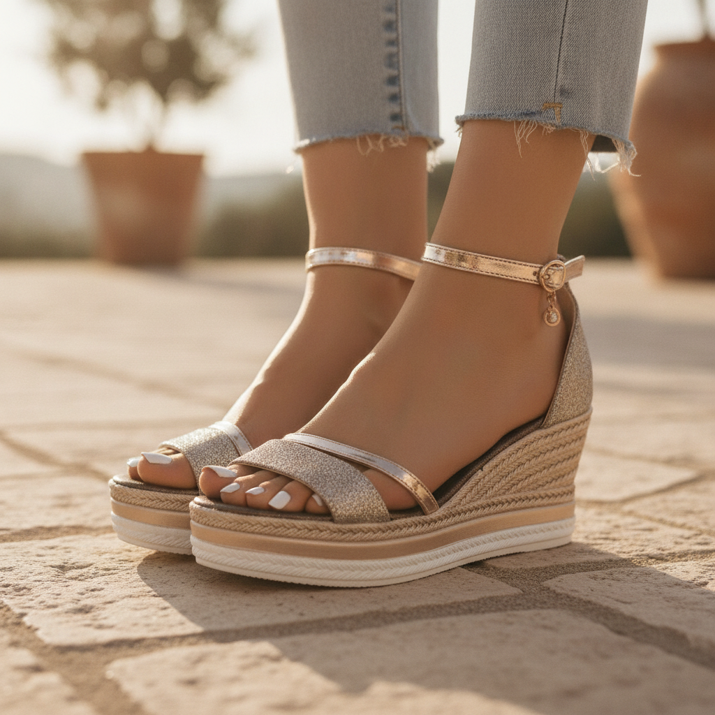 Elegant women's wedge strap sandals for summer. Features comfortable ankle strap, open toe, and metallic finish.