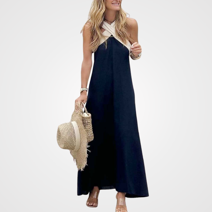 Elegant women's white cross-neck summer dress, perfect for vacation or casual wear.