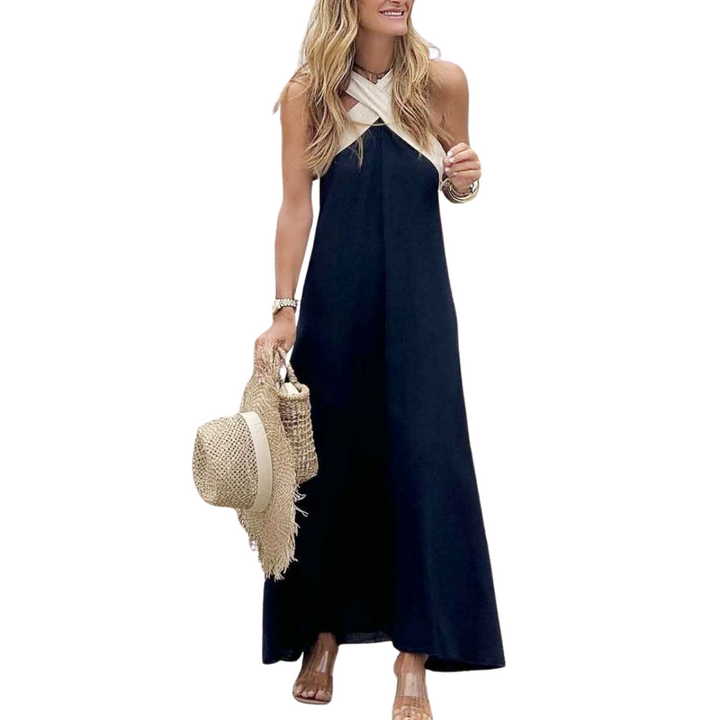 Comfortable women's A-line summer dress with a cross-neck, perfect for vacations and daywear.