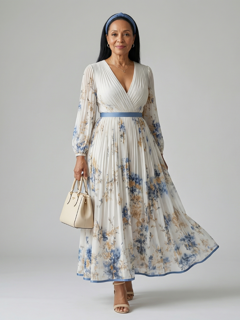 Elegant women's white floral midi wrap dress with long sleeves and pleated skirt, perfect for special occasions.