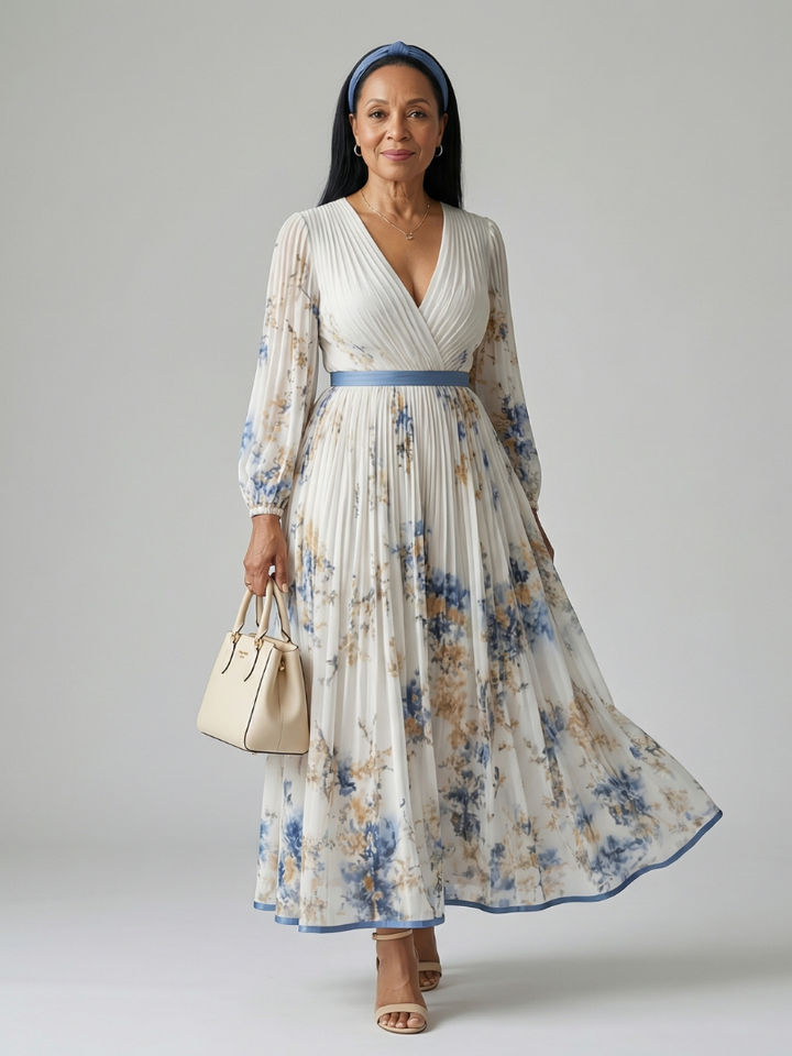 Elegant women's white floral midi wrap dress with long sleeves and pleated skirt, perfect for special occasions.