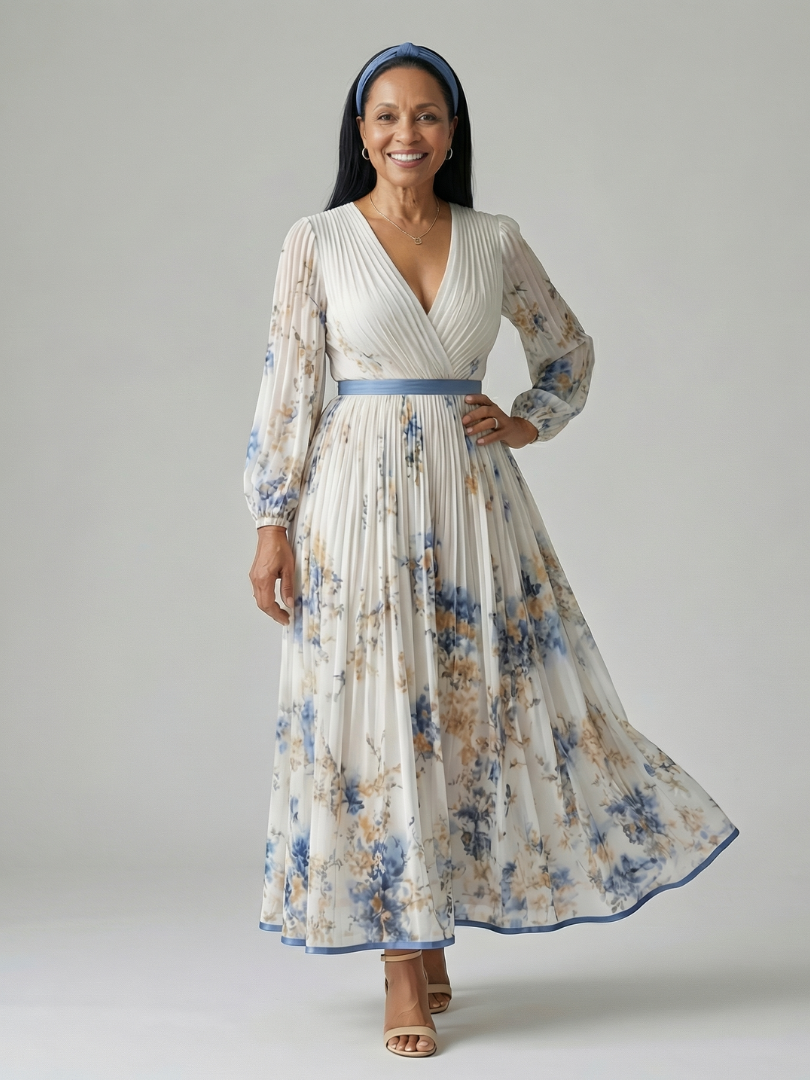 Close-up of a white floral print on an elegant women's midi wrap dress, showing delicate fabric and pleating.