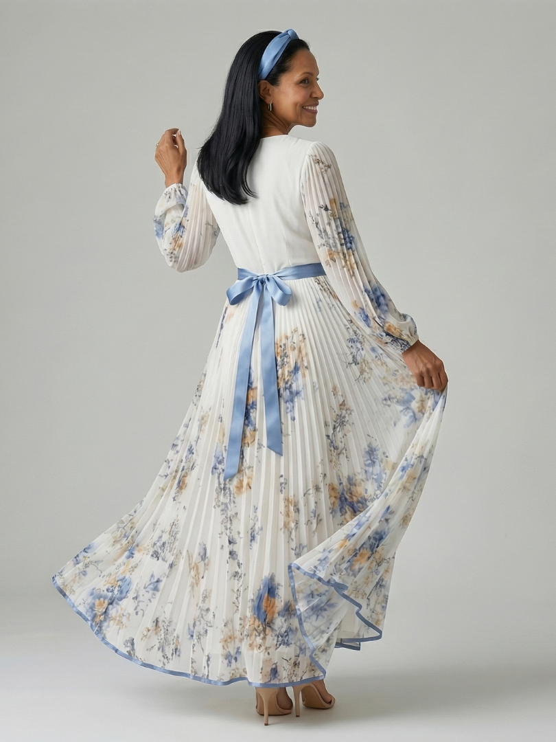 Versatile white floral long sleeve midi wrap dress for women, suitable for daytime wear or elegant special occasions.