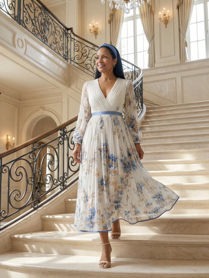 Stylish women's white floral midi wrap dress featuring long sleeves and an elegant pleated skirt for a chic look.