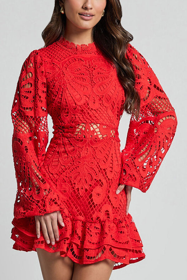 Feminine white lace mini dress with high neck, ruffles, and elegant long puff sleeves. Ideal for special occasions.