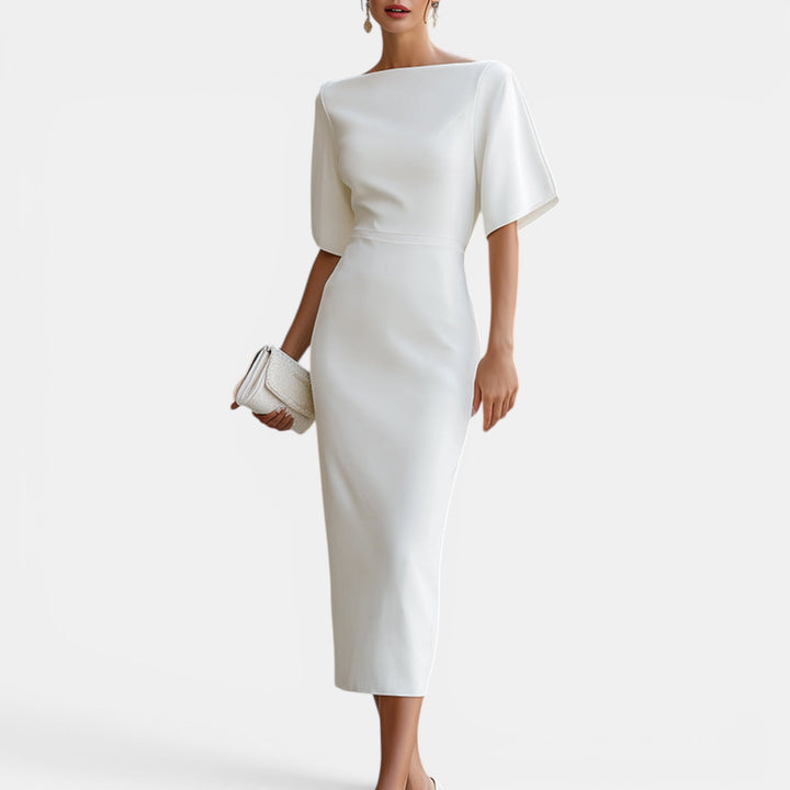 Elegant women's white midi prom dress with boat neck and short sleeves, perfect for formal occasions or parties.