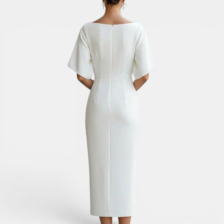 White midi occasion dress for women, elegant and formal, with a flattering boat neck and short sleeves.