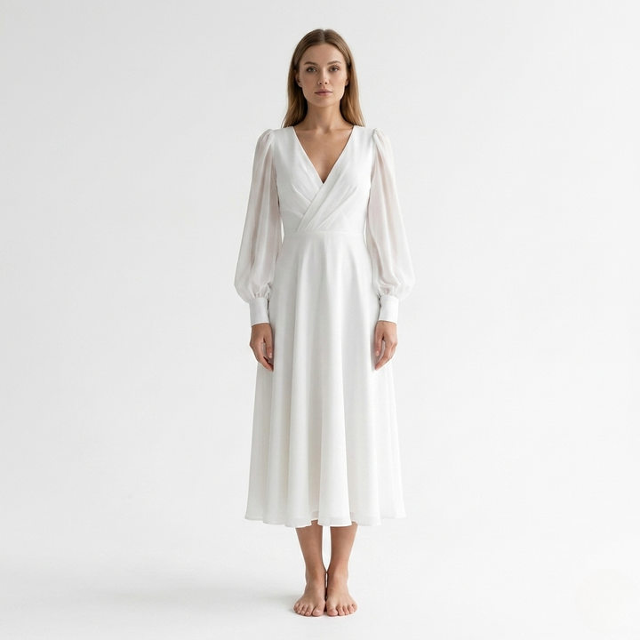 Elegant women's white V-neck midi dress with a stylish wrap style and flared hem, perfect for summer parties.