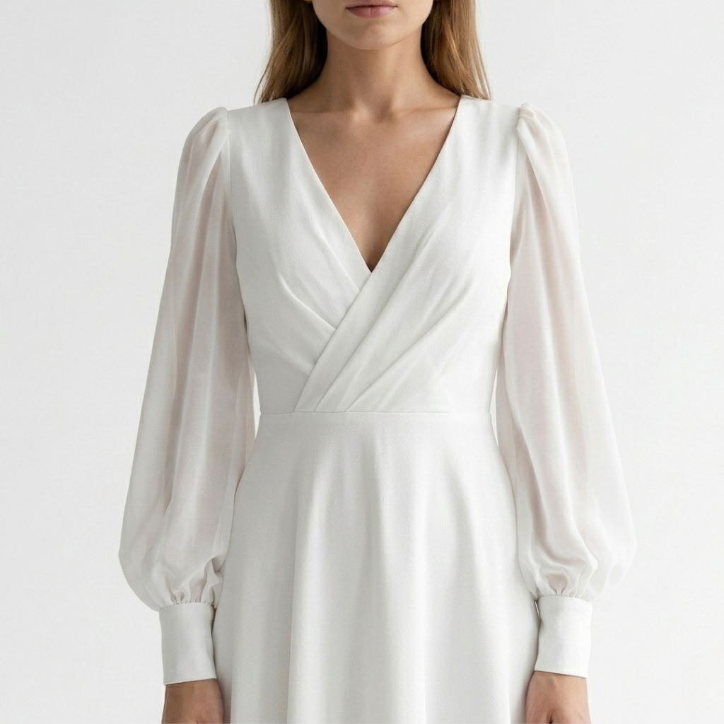 Versatile women's white V-neck wrap midi dress with a flared hem, ideal for elegant occasion wear.