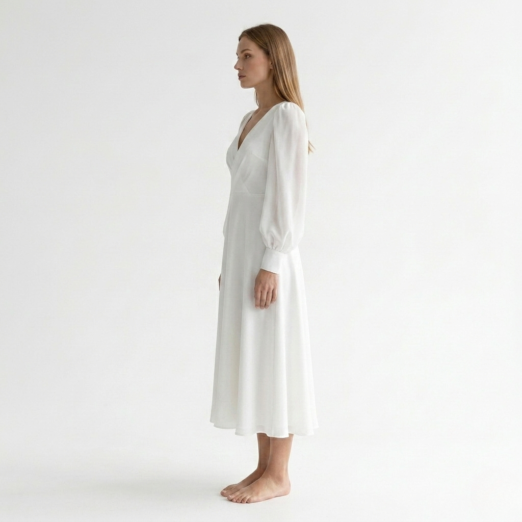 Chic women's white V-neck midi dress, featuring a flattering wrap style and graceful flared hem.