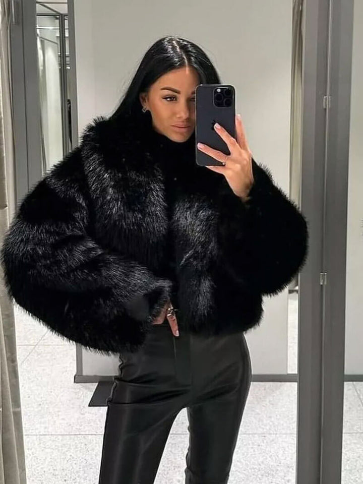 Cruelty-free elegant women's classic wide lapel winter coat, combining style, warmth, and ethical fashion.