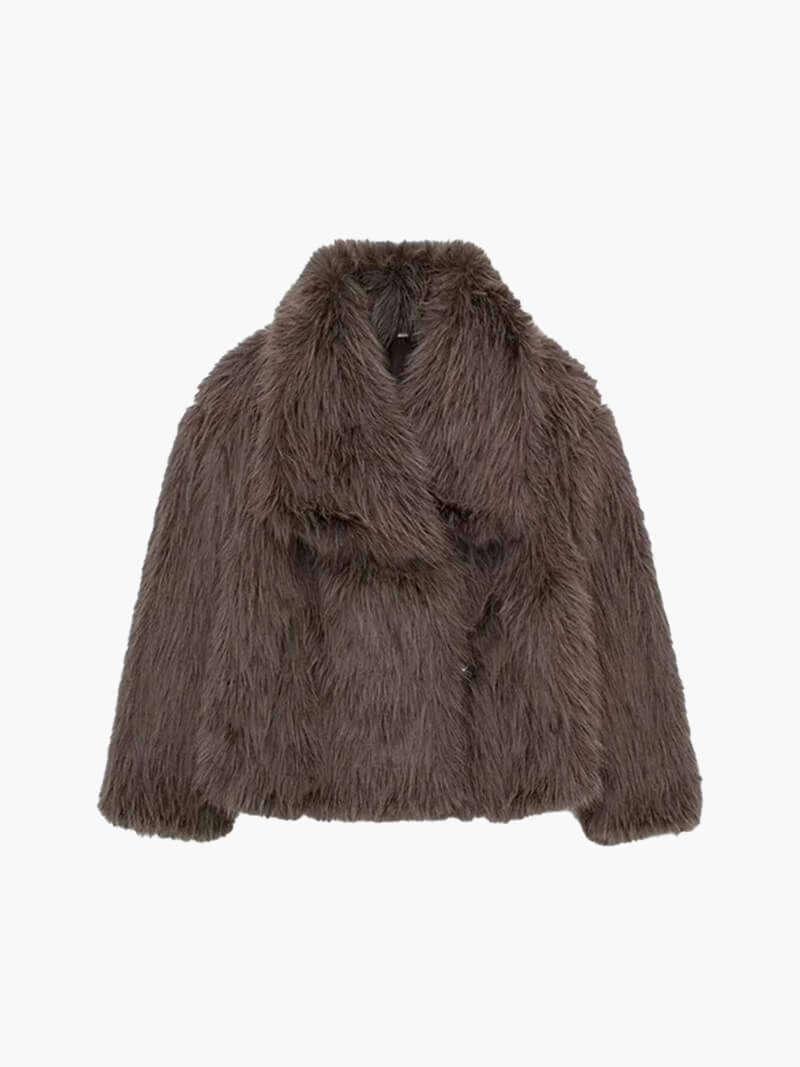 Stylish cruelty-free women's winter coat with an elegant wide lapel, perfect for classic cold weather fashion.
