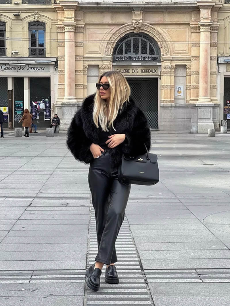 Stylish women's wide lapel winter jacket, offering an elegant classic design for warmth in cold weather.