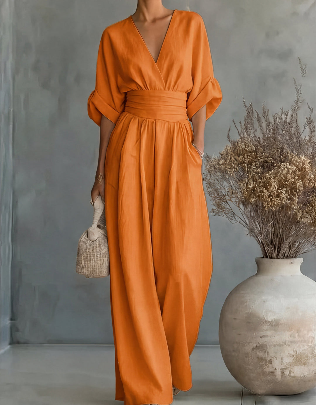 Women's fashionable wide-leg jumpsuit, offering an elegant and comfortable one-piece solution.