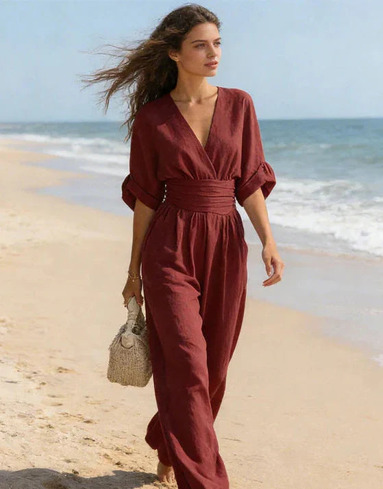 Chic women's wide-leg jumpsuit, showcasing fluid design and comfortable fit for summer fashion.