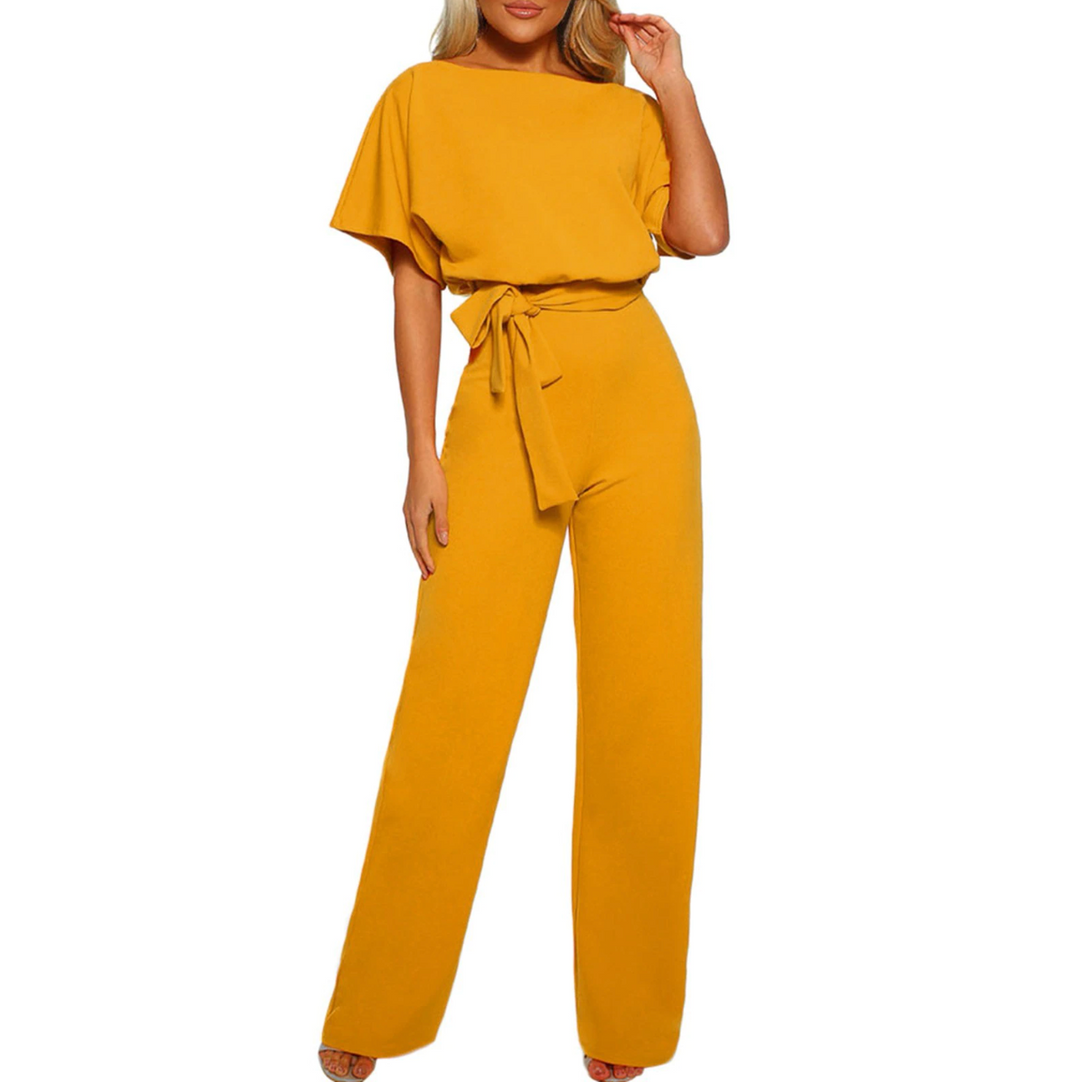 Women's fashionable jumpsuit with comfortable flutter sleeves and a trendy wide leg design.