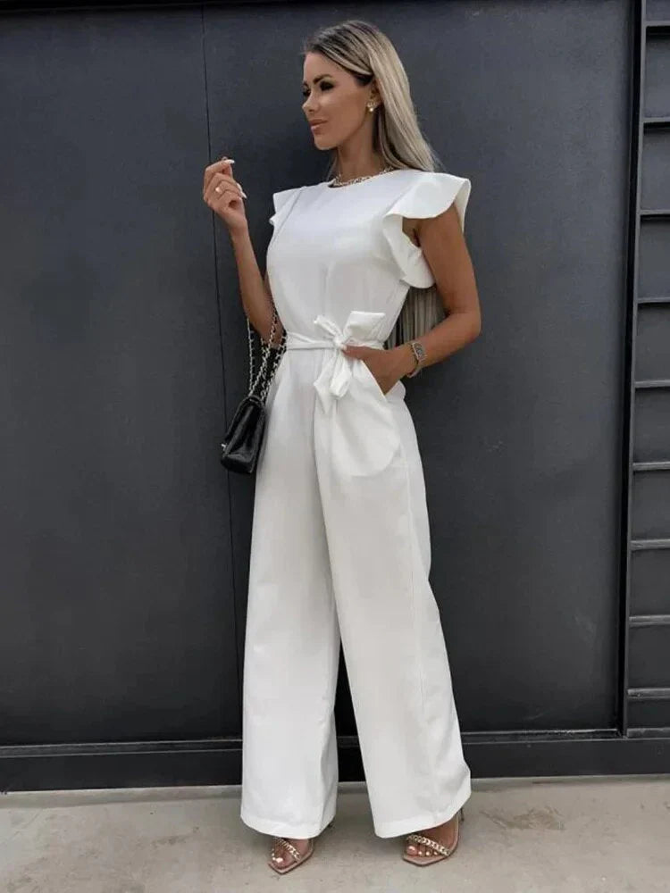 Chic women's wide leg jumpsuit with tie waist & pretty ruffle sleeves, ideal for summer outfits and casual style.