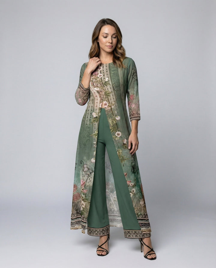 Elegant women's wide leg jumpsuit with matching floral print shawl for evening wear.