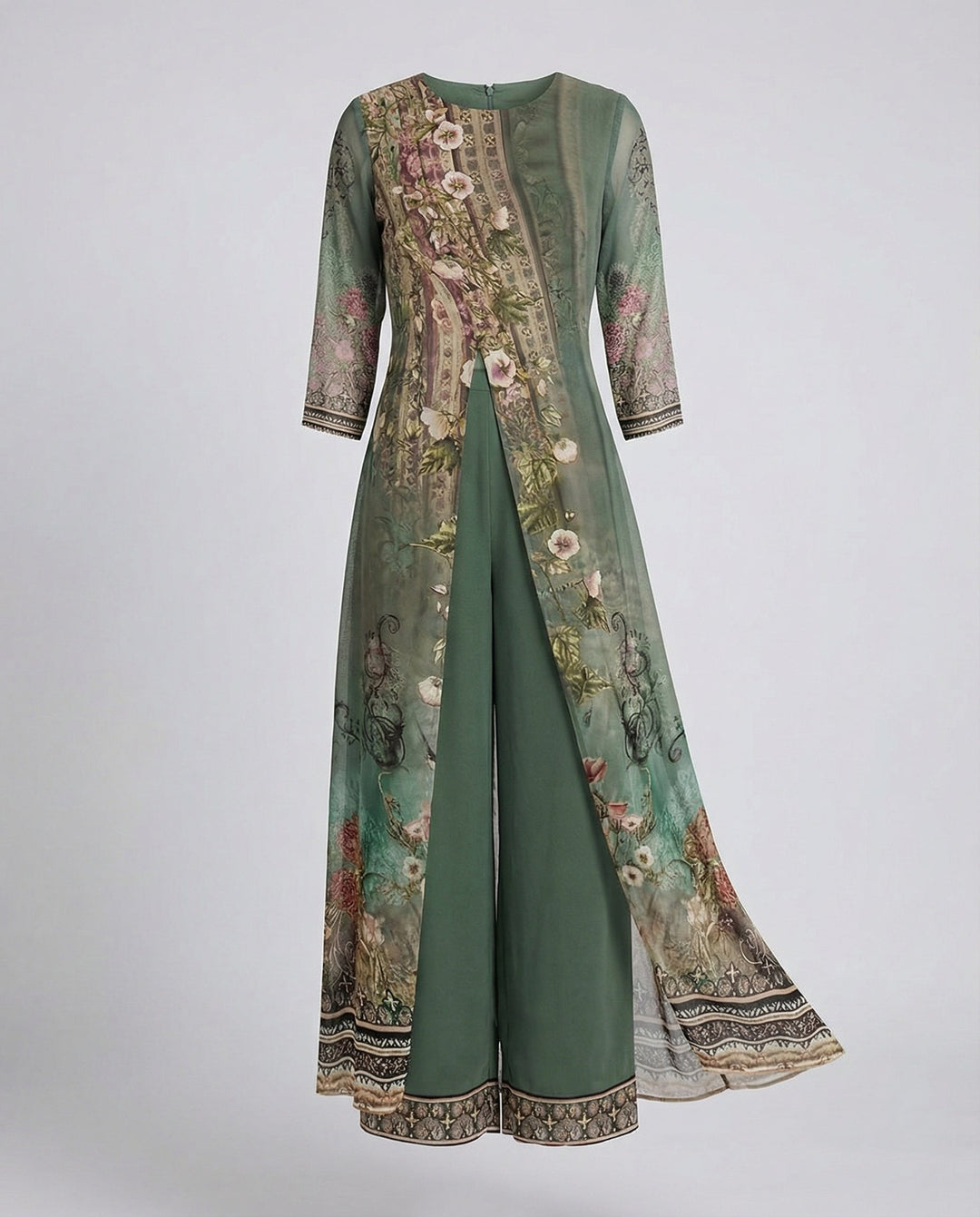 Women's wide leg party outfit: floral jumpsuit with a coordinated elegant shawl.