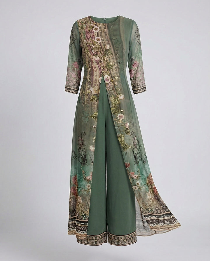 Women's wide leg party outfit: floral jumpsuit with a coordinated elegant shawl.