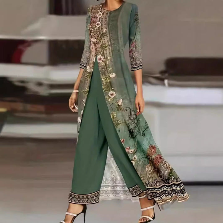 Sophisticated floral wide leg jumpsuit with an included shawl, ideal for elegant events.