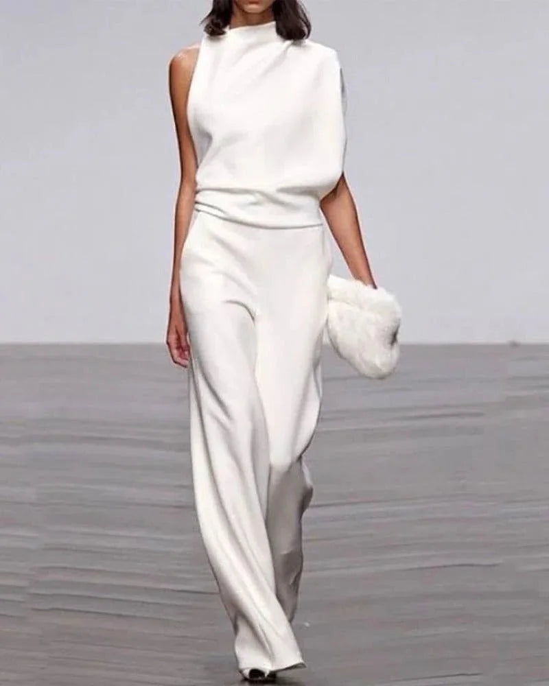 Elegant women's wide leg jumpsuit with mock neck, perfect for formal events, wedding guests, or evening parties.
