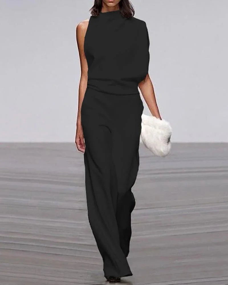 Formal wide leg jumpsuit for women, sleeveless mock neck design, great for wedding guests or special evening occasions.